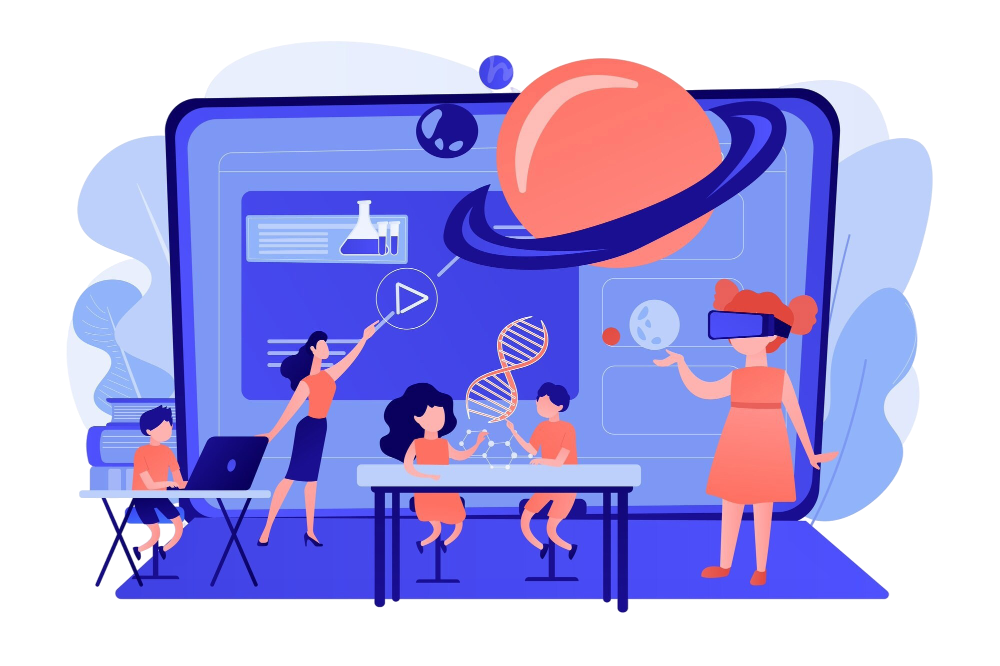 Futuristic classroom with students learning using AI and high-tech equipment